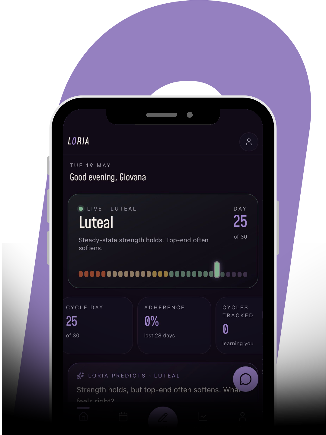 Loria app shown on a phone with the Loria lilac brand shape behind it